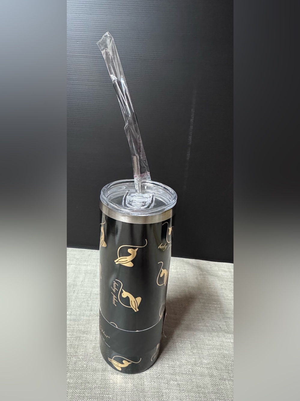 Baby Phat Black and Gold Stainless Steel Tumbler with Clear Lid and Straw